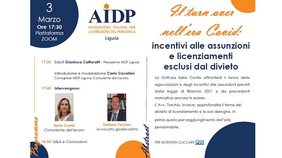 AIDP LIGURIA Il turn over nell'era Covid incentivi alle assunzioni e licenziamenti esclusi dal divieto
